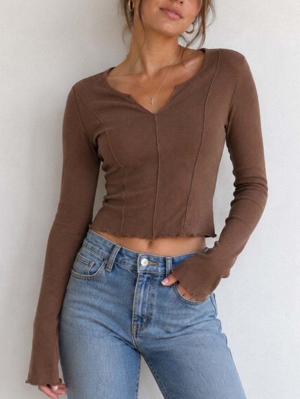 Brown Ribbed V-Neck Long Sleeve Top